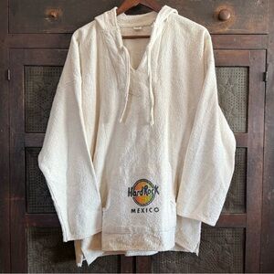 90s Hard Rock Mexico Men’s Baja Pullover Hoodie Cream Colored With Flag Logo XL